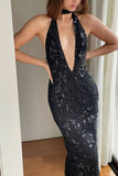 TAVIMART -  Elegant Black V-neck Open Back Sequins Prom Gown Sheath Sleeveless Evening Party Dress Special Event Gowns Robes De Soirée#18561