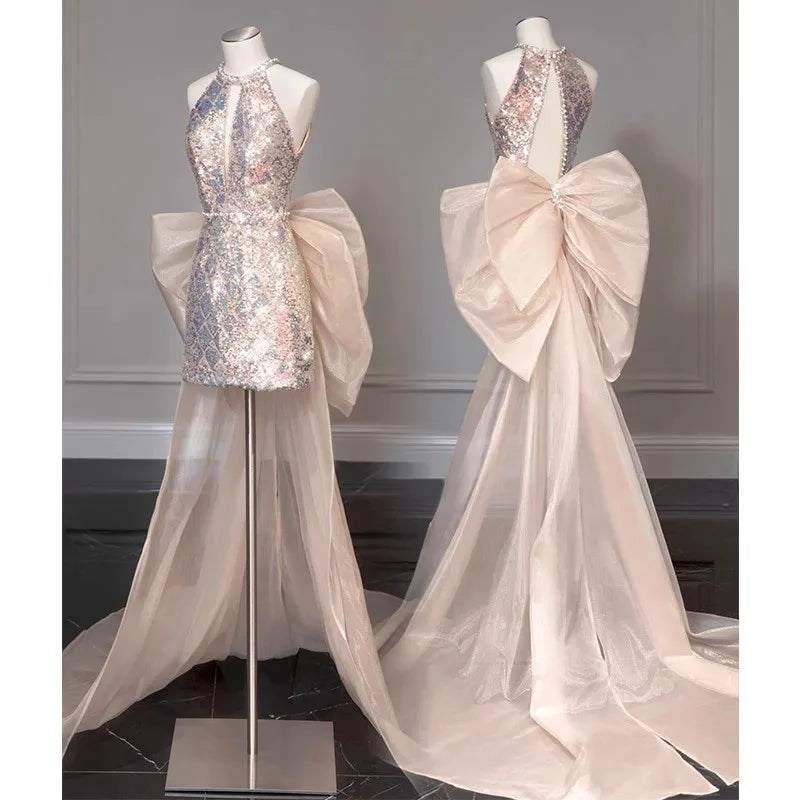 TAVIMART  -  Pink Backless Bow Spaghetti Sleeveless Prom Dresses for Sexy Women Special Occasion Paert Luxury Evening Long Dress Formal Gown main image 0