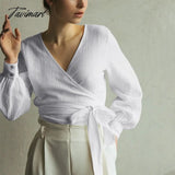 TAVIMART 100%  Cotton Gauze Muslin Shirts And Blouses Sexy V-Neck Long Sleeve Top Bandage Lace Stylish Women'S Blouse Camisas