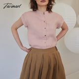 Tavimart 100% Linen Women’s Shirt Summer Casual Solid Stand Neck Short Sleeve Button Up Elegant