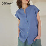 Tavimart 100% Linen Women’s Shirt Summer Casual Solid Stand Neck Short Sleeve Button Up Elegant