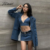 Tavimart - 2 Pieces Set Summer Women Sexy Strapless Jeans Vest + High Waist Denim Skirts Casual