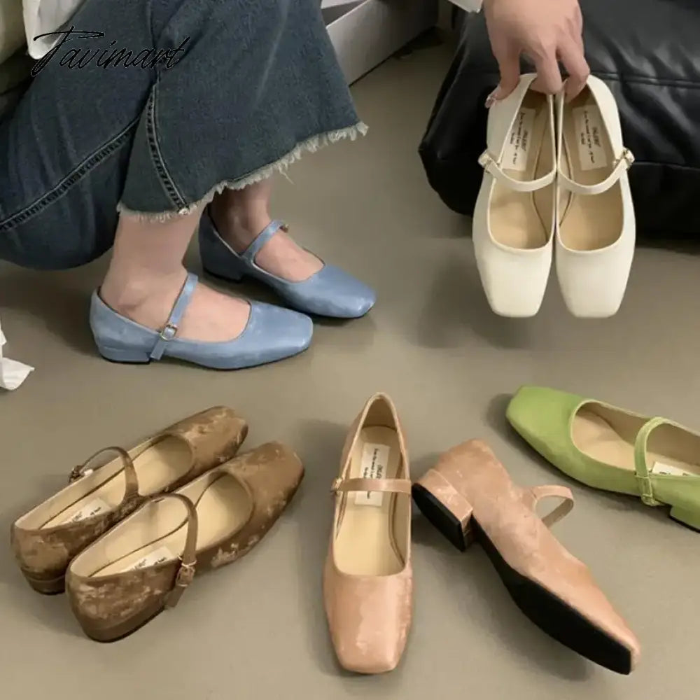 TAVIMART  -  Square Toe Heeled Mary Jane Shoes Patent Leather Shallow Retro Chunky Women Shoes Cross Thin Strip Fashion Elegant Pumps Women
