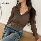 Tavimart - American Retro Brown Turtleneck Zippered Jackets Y2K Fashion Slim Fit Coat Women 2024