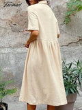 Tavimart Apricot Night Dress Women Casual Short Sleeve Turn Down Collar Sleepwear Cotton Woman