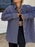 Tavimart Autumn Classic Striped Blouses Women New Long Sleeve Single Breasted Pocket Lapel Blouse