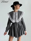 Tavimart Autumn Lace Stitching A - Line Mini Dress Women Fashion Corduroy Elegant Loose Casual
