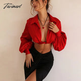 Tavimart Autumn Lantern Sleeve Women Shirts Sexy Cropped Red Turn Down Collar Chic Blouse New Arrivals
