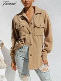 Tavimart Autumn Long Corduroy Jacket Women Loose Coat Winter Overshirt Button Up Shirt Jackets For
