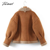 Tavimart Autumn Retro Suede Long Sleeves Warm Coats Women New Loose Solid Color Jackets Streetwear