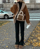 Tavimart Autumn Retro Suede Long Sleeves Warm Coats Women New Loose Solid Color Jackets Streetwear