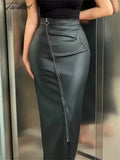 Tavimart Black Slim Pu Long Skirt Women High Waist Fashion Zipper Split Patchwork Maxi Sexy Street
