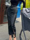 Tavimart Black Slim PU Long Skirt Women High Waist Fashion Zipper Split Patchwork Maxi Skirt Sexy High Street Female Y2k Long Skirt