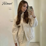 Tavimart Casual Oversized Bomber Jacket For Women Streetwear Long Sleeve With Pockets Winter Coat Snap Button Female Outerwear Tops