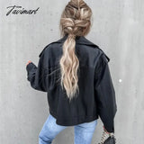 Tavimart Casual Pu Faux Leather Black Куртка Женская Осень Long Sleeve Straight
