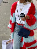 Tavimart Chic Contrast Color Fur Knit Long Coat Women Sleeve Thicken Warm Cardigan Jacket Winter