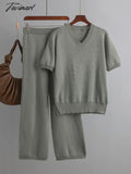 Tavimart Chic Elegant New In Matching Sets Set Woman 2 Pieces Knit Short Sleeve Tracksuit Knitted