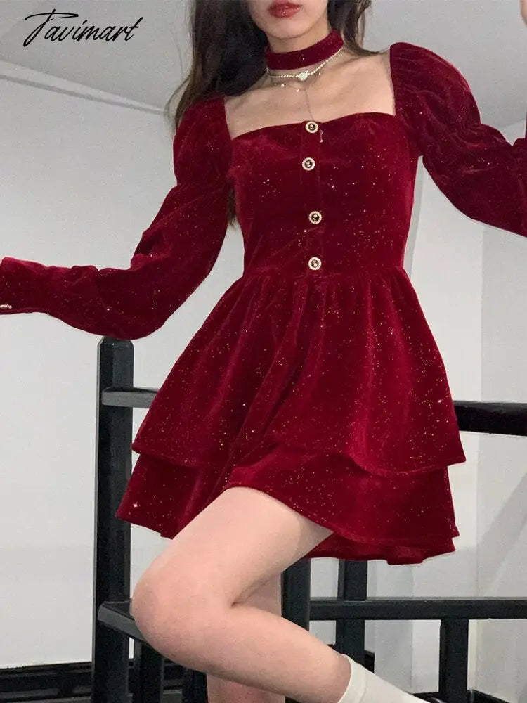 Tavimart Christmas Elegant Velvet Dress Women France Vintage Evening P