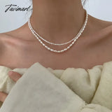 Tavimart Dainty Multiple Freshwater Pearl Beaded Necklaces Plated Copper Gold Chain Choker For