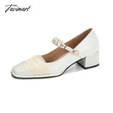 TAVIMART  -  Designer New French Pearl Buckle Mary Jane Women's Shoes Fashion Square Head Solid Color Cute Style Woman High Heels