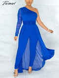 Tavimart Dressy Skiny Jumpsuits With Cape Solid Color Sexy Mesh One Sleeve Bodycon Belted Piece