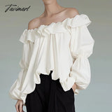 Tavimart Elegant Slash Neck Women Loose Pullovers Blouses Lantern Full Sleeve Female Blose Autumn Ladies Ruffles White Shirts WB44