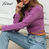 Tavimart Elegant V Neck Purple Blouses Femme Long Sleeve Vintage Sexy Lace Up Hight Waist Shirt