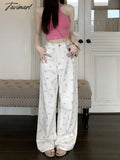 Tavimart Fashion Floral Women Sweet Jeans Korean Elegant High Waist Wide Leg Pants Loose All Match