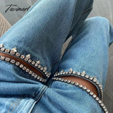 Tavimart Fashion Trendy Hot Diamond Design Loose Blue Distressed  Relaxation of Tall Waist Wide Legged Pants Autumn/Winter Women's Jeans