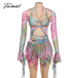 Tavimart Fashion Woman Outfit Tie Dye Print 3 Pieces Set Streetwear Casual Flare Sleeve Top Bandage