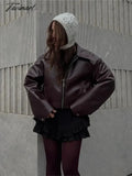 Tavimart - Faux Pu Leather Rider Jacket For Women Vintage Long Sleeve Lapel Zipper Puffy Coats