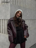 Tavimart - Faux Pu Leather Rider Jacket For Women Vintage Long Sleeve Lapel Zipper Puffy Coats