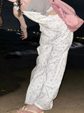 Tavimart - Floral White Jumpsuits Women Loose High - Waist Straight Wide - Leg Denim Washed Vintage