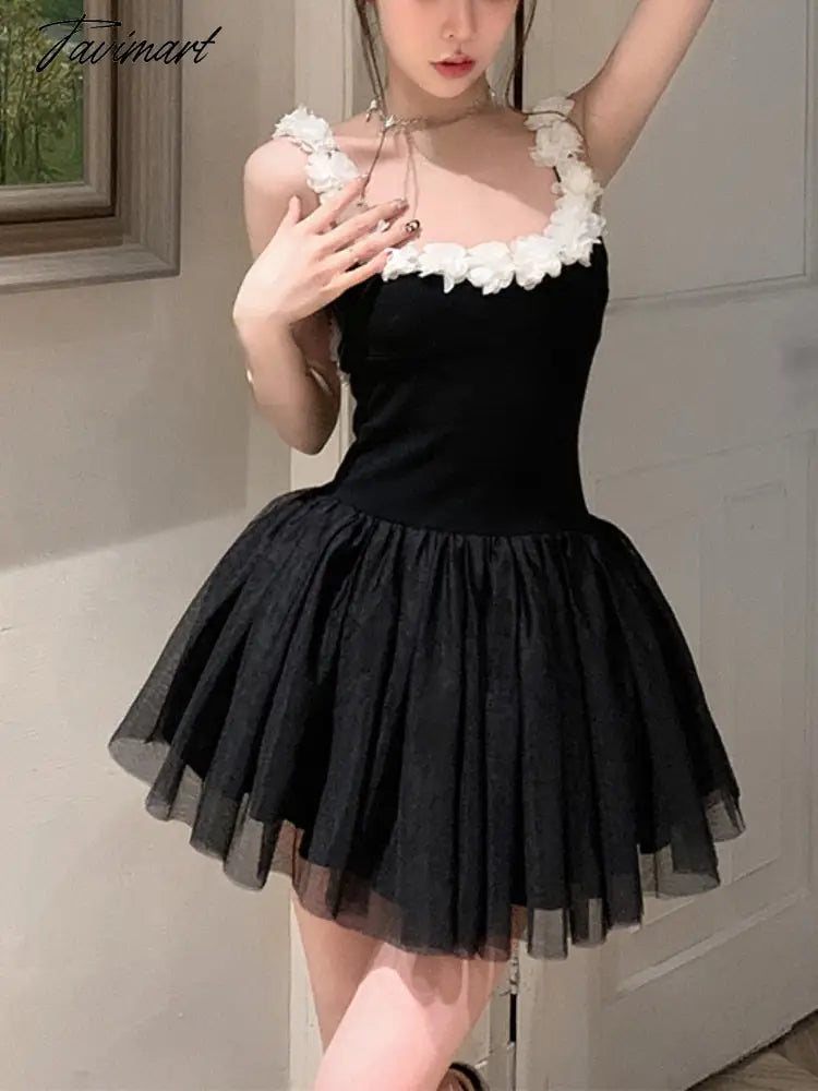 Tavimart Flower Backless Vintage Sexy Dress Women Black Korean Fashion – tavimart