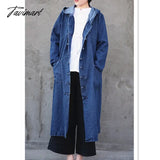 Tavimart Free Shipping Denim Long Mid-calf Coat For Women Loose Jeans Outerwear Long Sleeve Single-breasted Chinese Style Hooded
