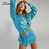 Tavimart Glitter Sexy Female Shirts High Street Fashion Long Sleeve Sequin Club Outfit Party Gown