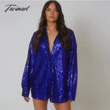 Tavimart Glitter Sexy Female Shirts High Street Fashion Long Sleeve Sequin Club Outfit Party Gown