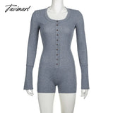 Tavimart - Grey Black One Piece Knit Stretch Jumpsuit Button Up Long Sleeve Bodycon Romper Comfy