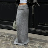 Tavimart Grey Knitted Long Skirt Women Vintage Streetwear Lowa Waist Sexy Bodycon Elegant Maxi