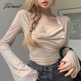 Tavimart - High Street Fashion Pleated Sexy Long - Sleeved T - Shirt Women Summer New Korean Solid