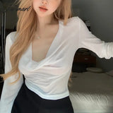 Tavimart - High Street Fashion Pleated Sexy Long - Sleeved T - Shirt Women Summer New Korean Solid