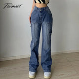 Tavimart Jeans for women high-waisted straight casual pants irregular pocket  cargo pants mopping women's retro denim wide-leg trousers