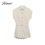 Tavimart Jumpsuit Women Summer Turn Up Short Sleeve Cotton Denim Romper With Pockets Lapel Button