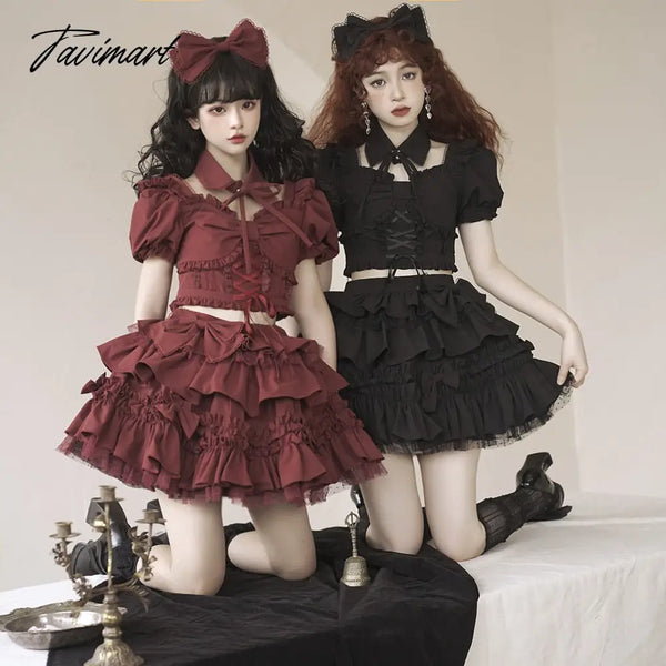 TAVIMART  -  Spring Gothic Retro Casual 2 Piece Sets Women Y2k Short Sleeve Design Elegant Mini Skirt Suit Female Chic Korean Popular Clothes
