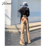 Tavimart Khaki Jeans Women Contrasting Colors High Waist American Wide Leg Pants Y2K Style Fashion Female Pants Autumn Straight Trousers