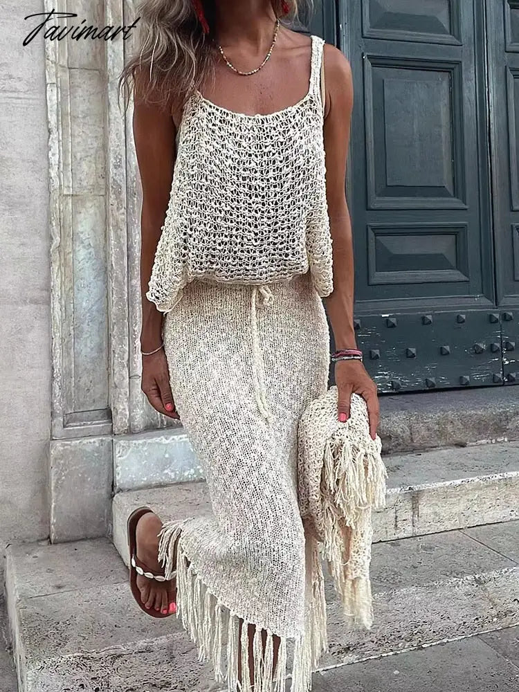 TAVIMART  -  Hollow Out Knitted Short Sleeve Maxi Dress Women's Crew Neck Tie Solid Color Slim Long Dress Summer Casual Streetwear