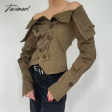 Tavimart - Korean Coquette Aesthetic Women Blouses Autumn Off Shoulder Top Buttons Draped Cropped