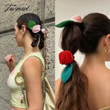 Tavimart Korean Fashion Rose Flower Green Leaf Hair Rope Sweet Cute Summer Travel Romantic Headdress for Women Girl Elastic Rubber Band