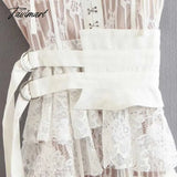 Tavimart Lace High - Low Sexy Summer Dress White Straps Belt Tied Women D - Ring Holiday Chic