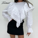 Tavimart Lace Patchwork Chiffon Shirts For Women High Street Sexy Long Sleeve Hollow Out Blouse